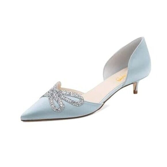 XYD Blue Women Low Heel Slip On Pumps for Bride Bridal D'Orsay Two-Piece Pointed - Picture 1 of 8